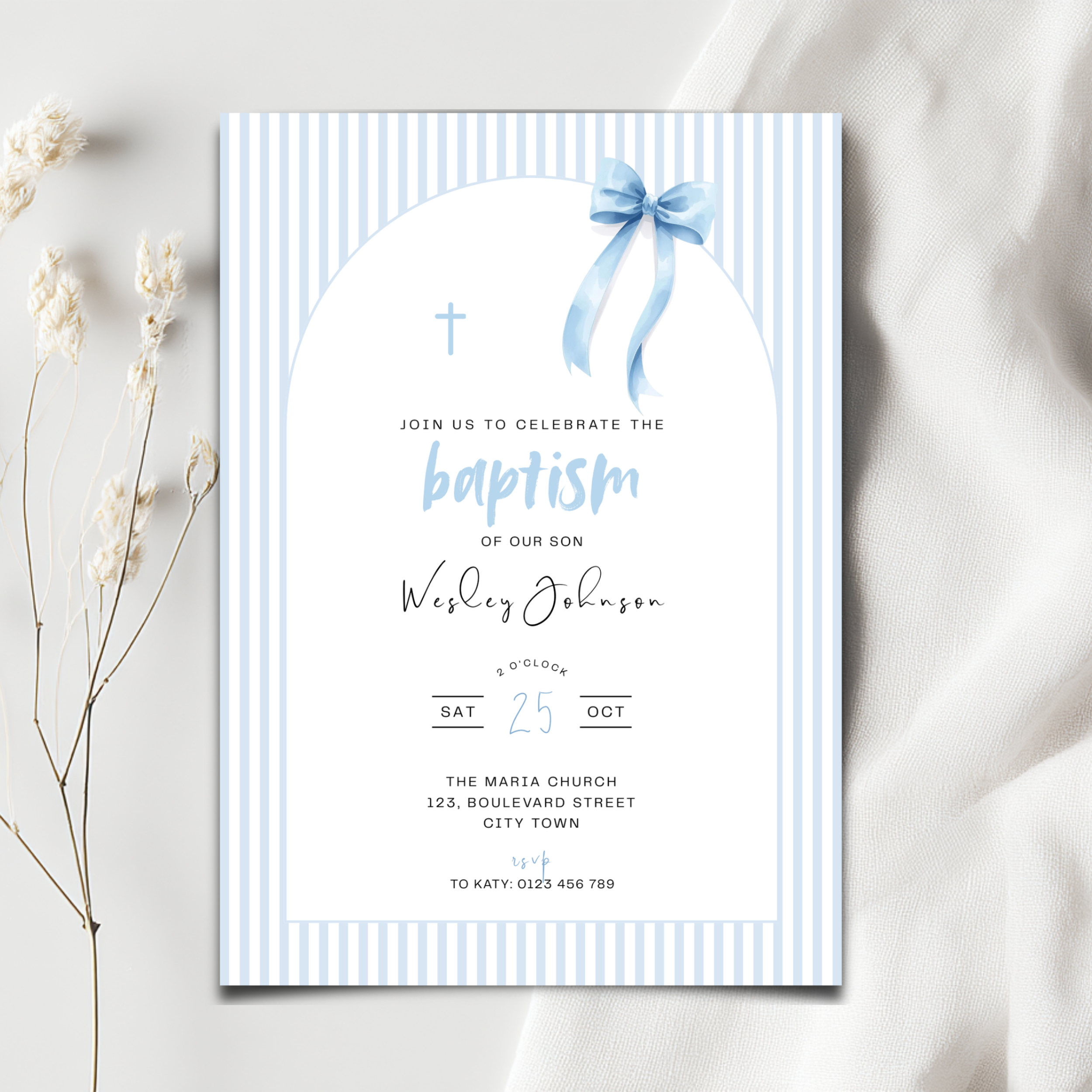Baptism invitation card with blue ribbon and stripes on a white background