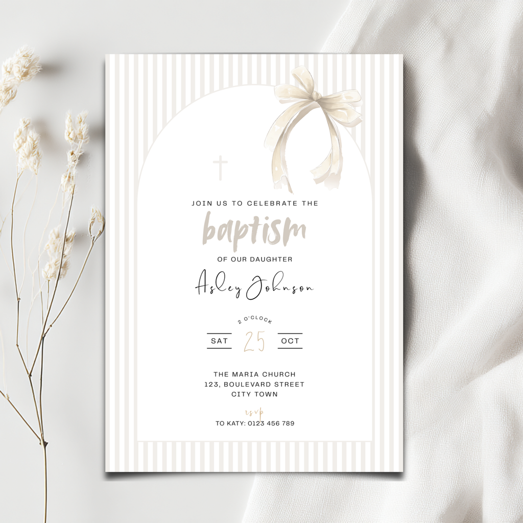 Baptism invitation card with decorative bow on a light background