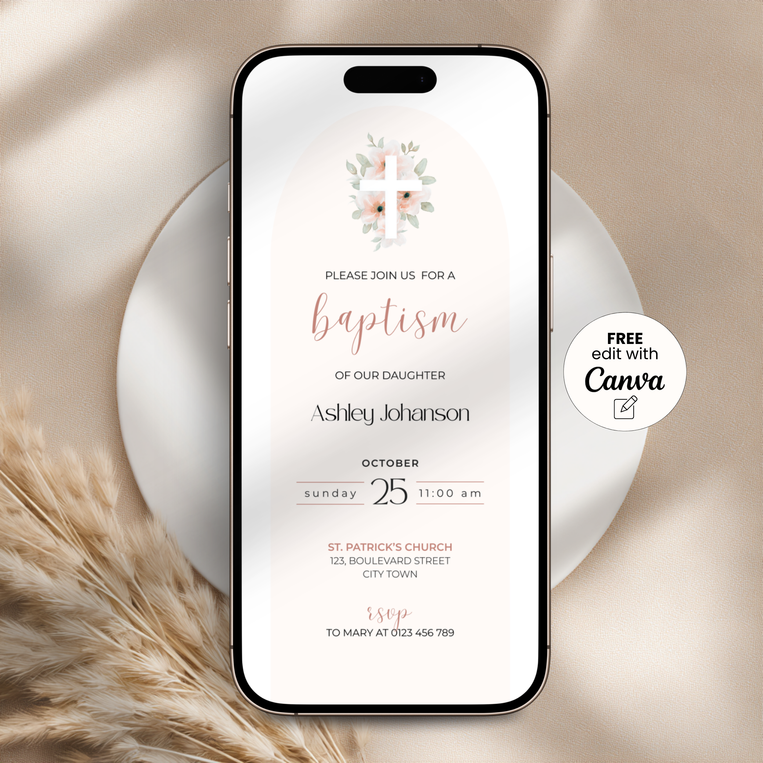 Pink Arched Baptism Invitation Girls