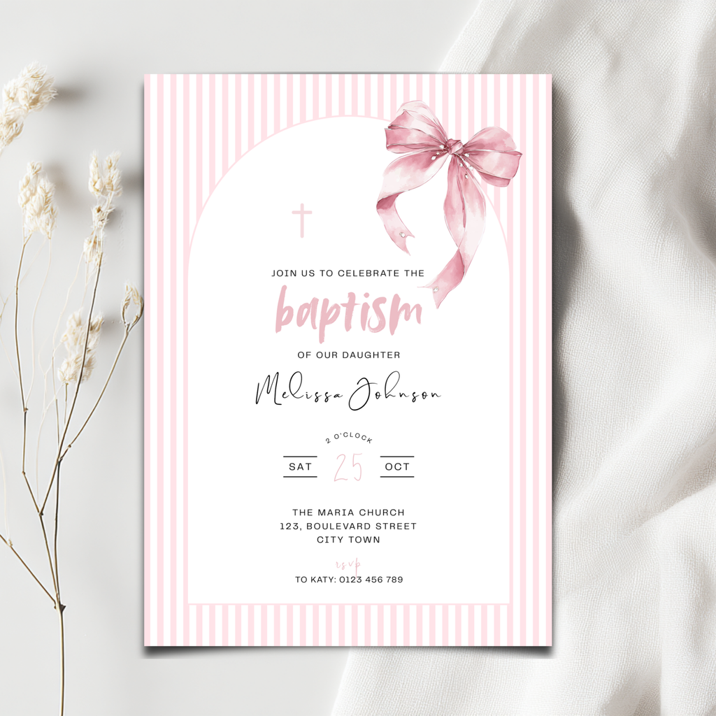 Baptism invitation card with pink bow and stripes on a white background