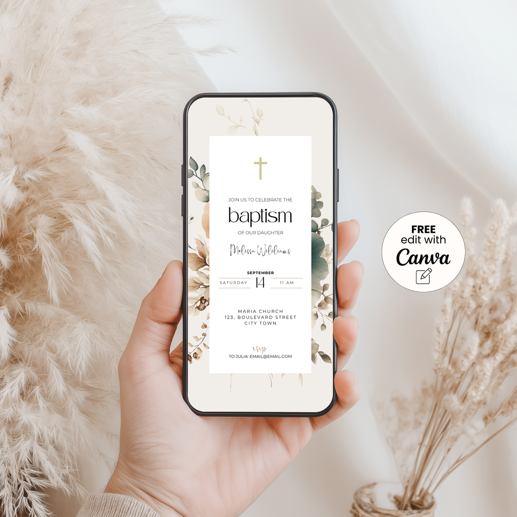 Hand holding a phone displaying a baptism invitation with floral design, on a soft beige background.