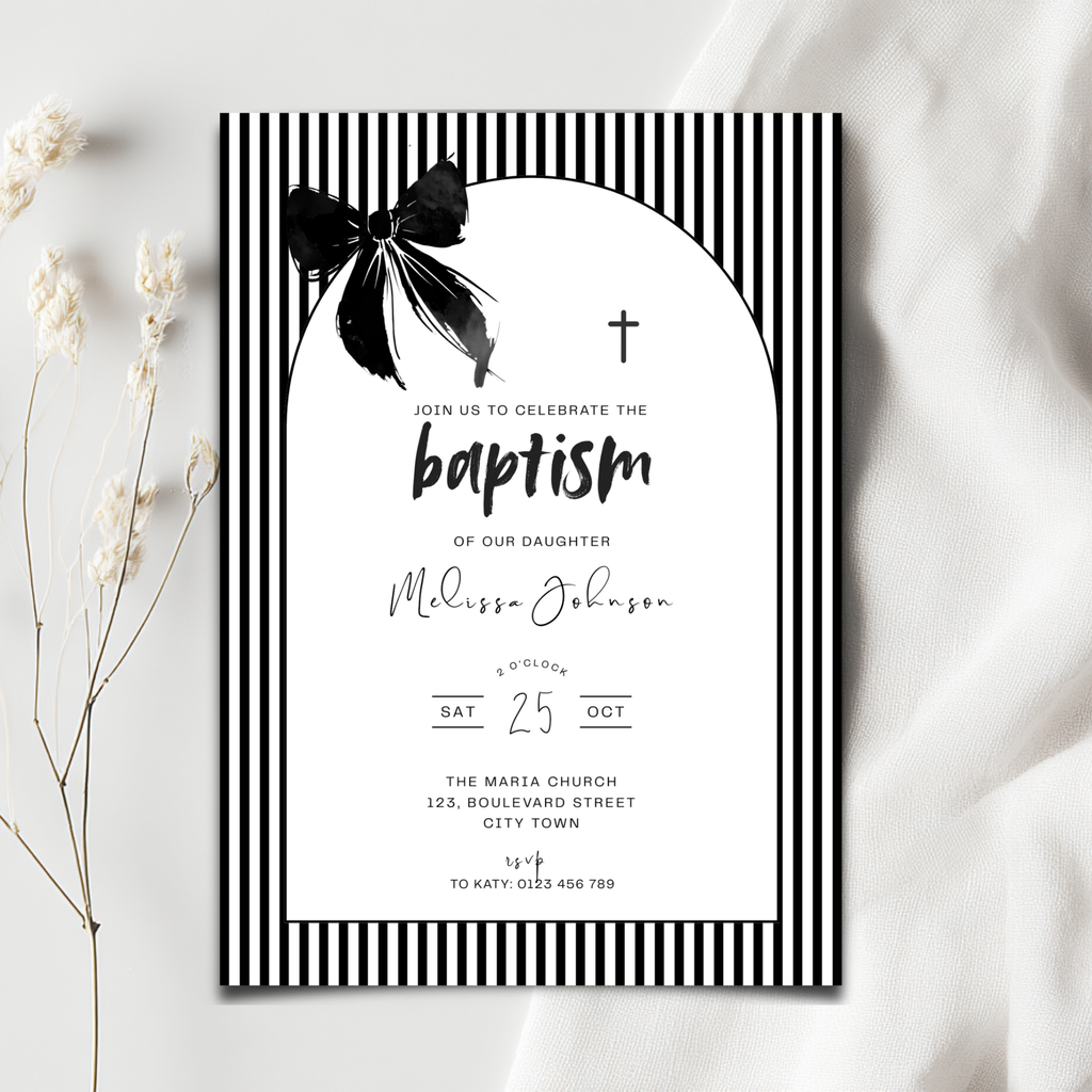 Baptism invitation card with black and white design on a white background
