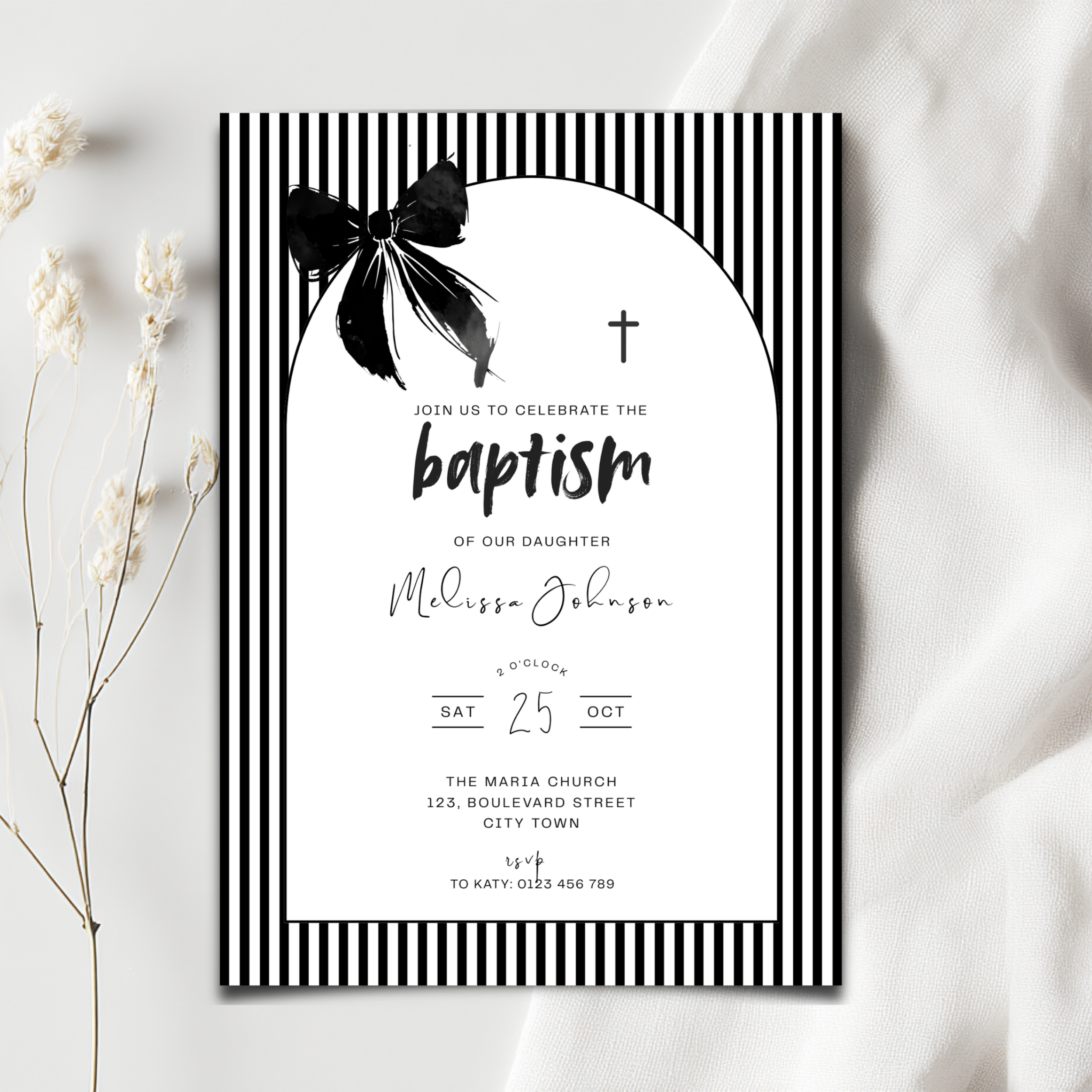 Baptism invitation card with black and white design on a white background