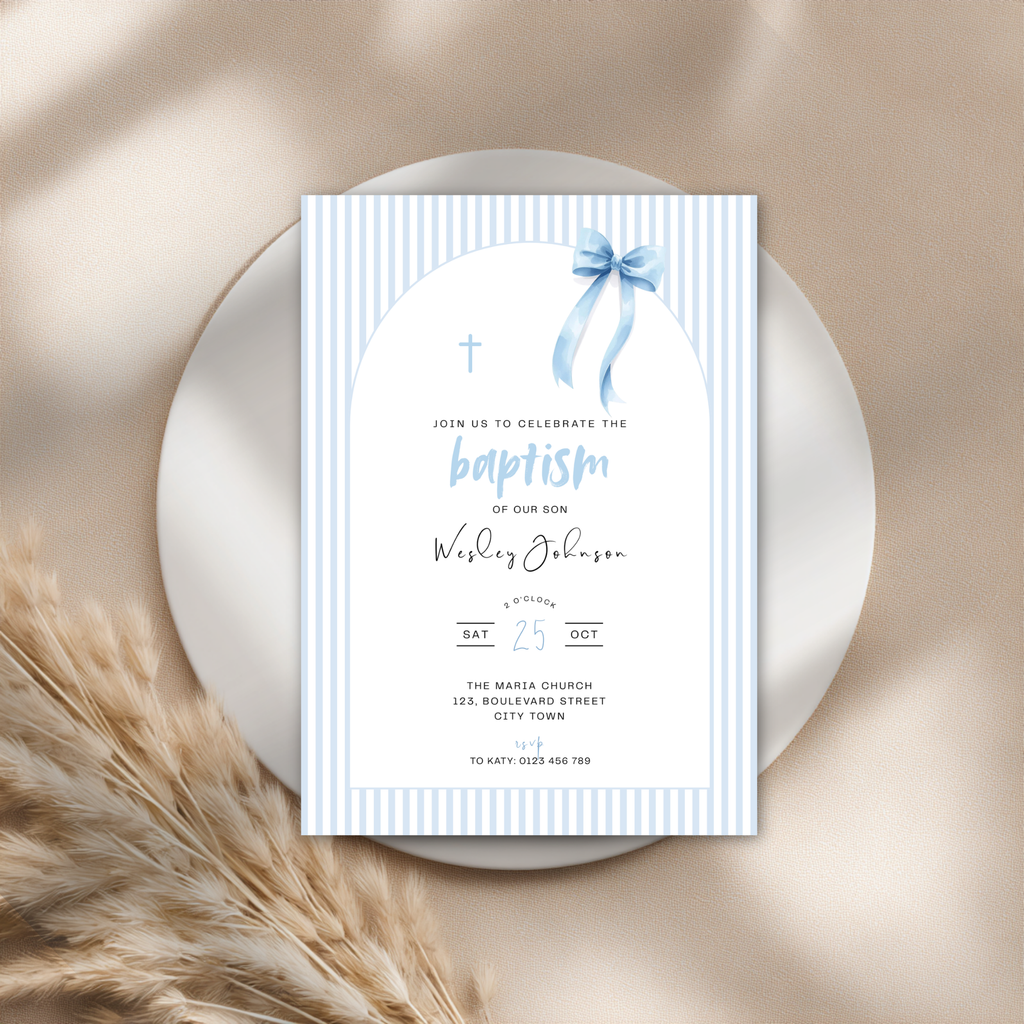 Baptism invitation card with blue ribbon and text on a beige background