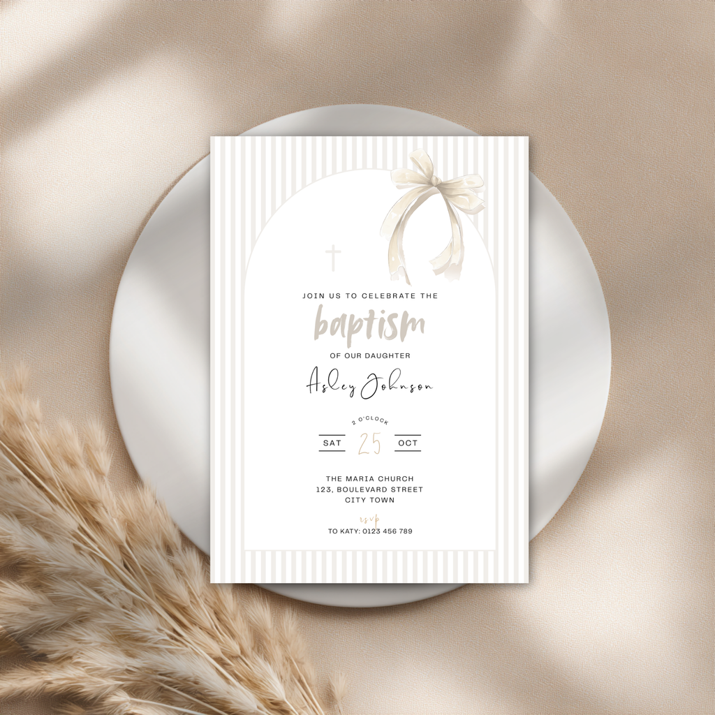 Striped Beige Bow Baptism Invitation