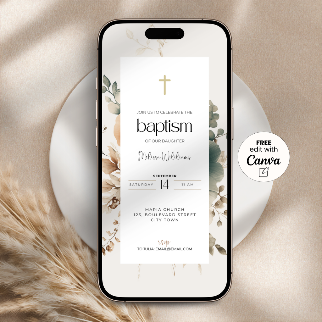Phone displaying a baptism invitation with floral design on a soft beige background