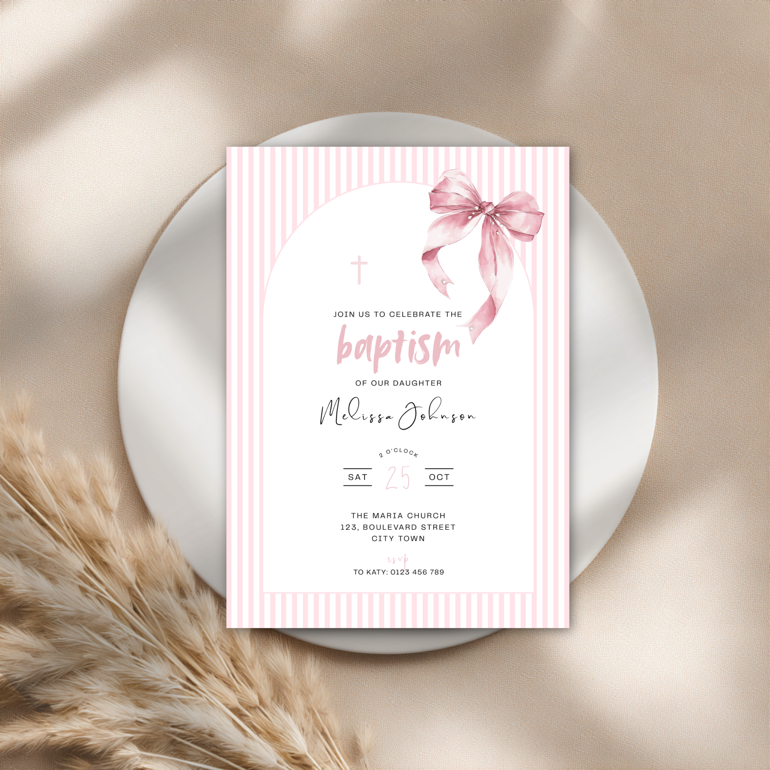 Striped Pink Bow Baptism Invitation