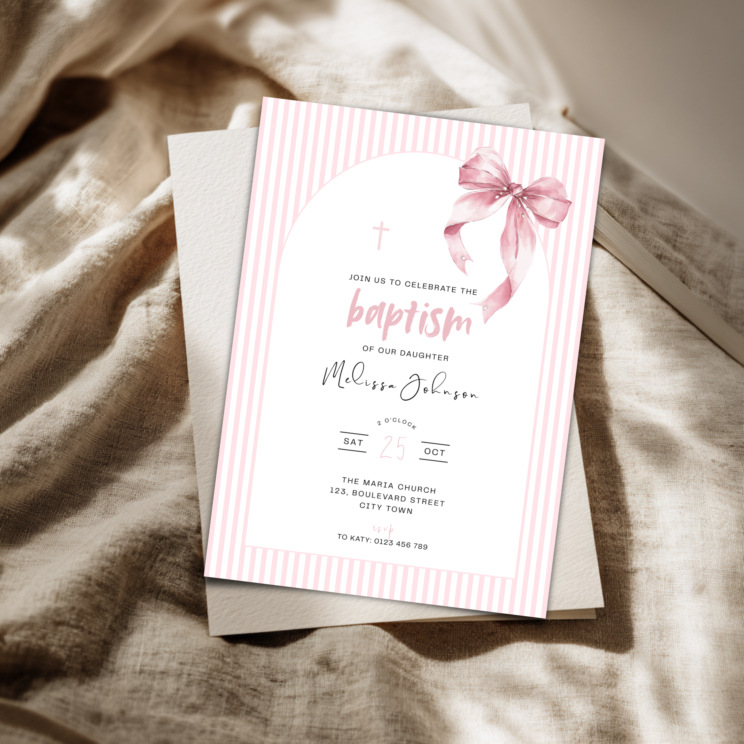 Striped Pink Bow Baptism Invitation