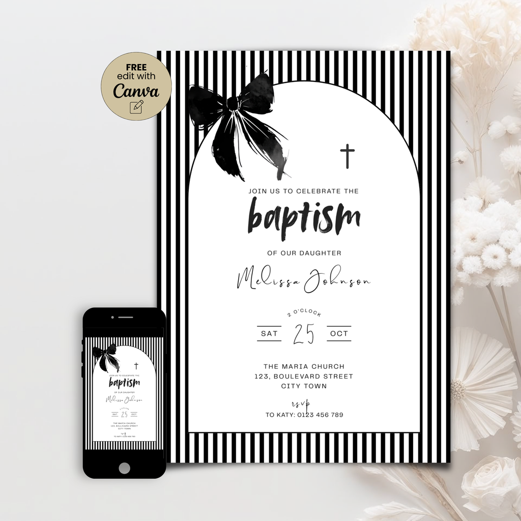 Baptism invitation card with black and white design on a white background