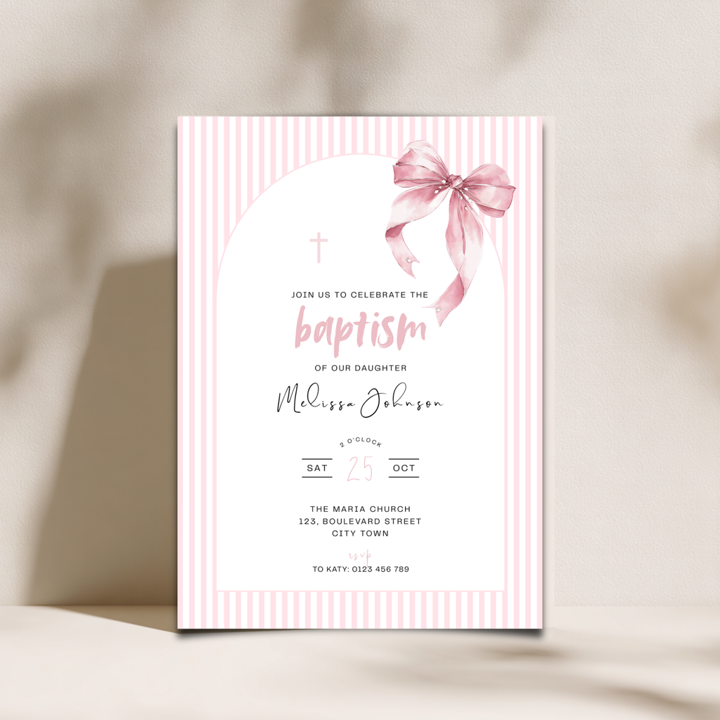 Striped Pink Bow Baptism Invitation