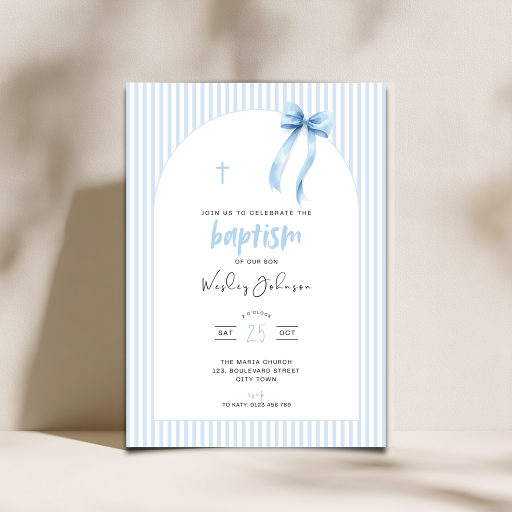 Baptism invitation card with blue ribbon and stripes on a beige background