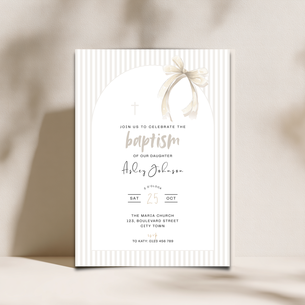 Striped Beige Bow Baptism Invitation