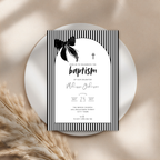 Baptism invitation card with black and white design on a beige background