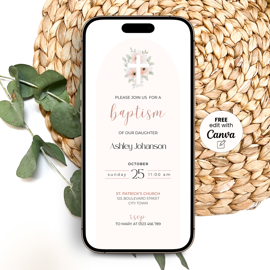 Pink Arched Baptism Invitation Girls