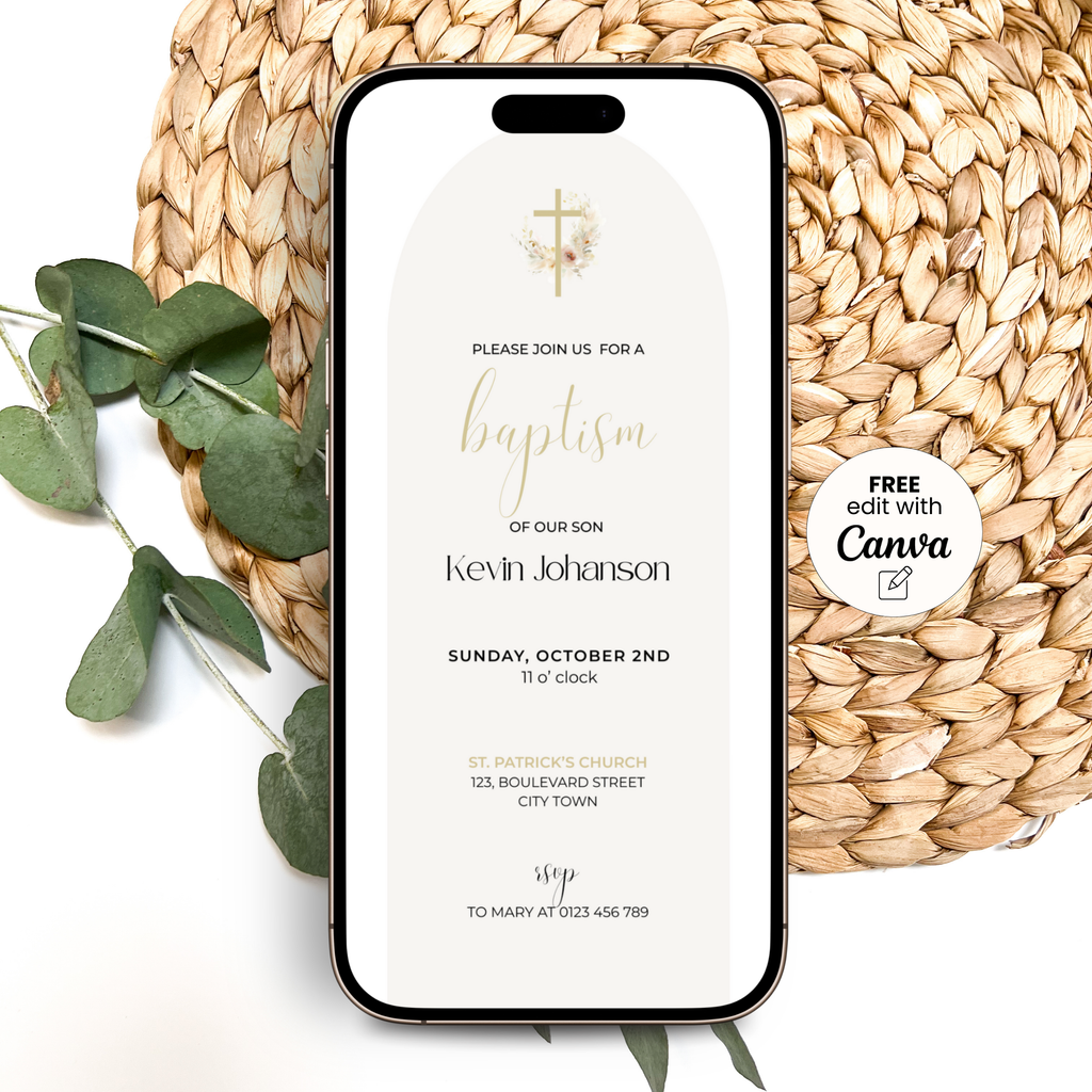Beige Arched Baptism Invitation