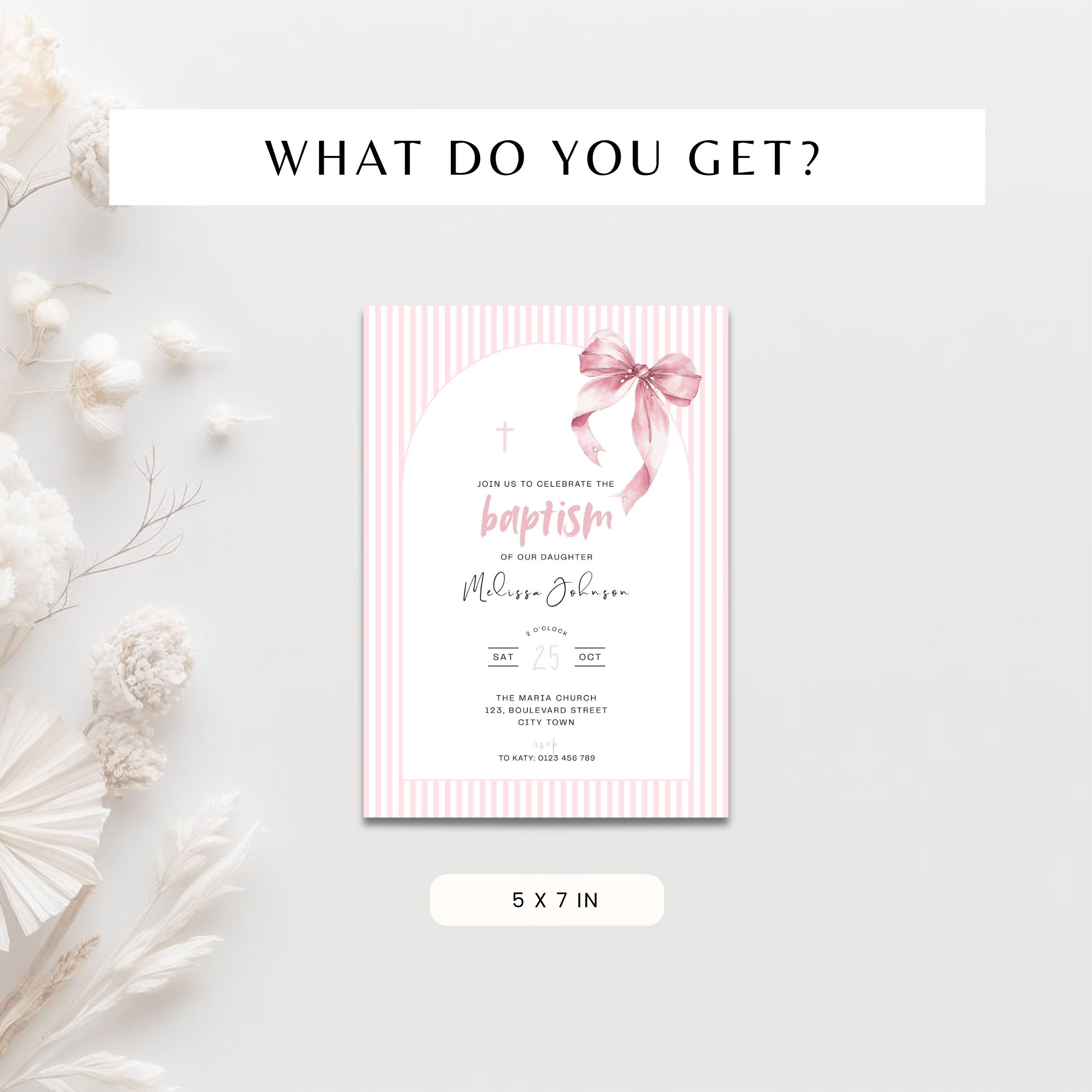 Striped Pink Bow Baptism Invitation