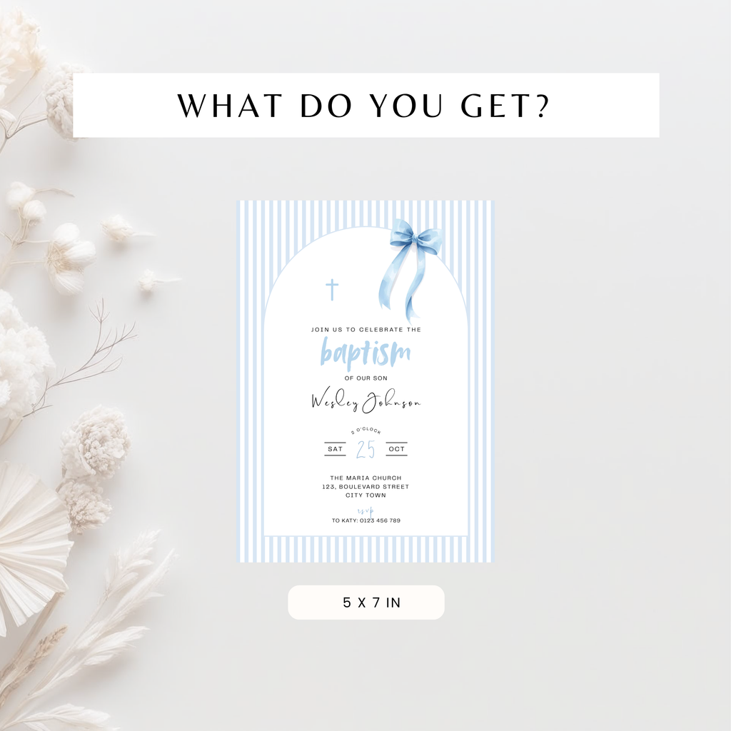 Striped Blue Bow Baptism Invitation