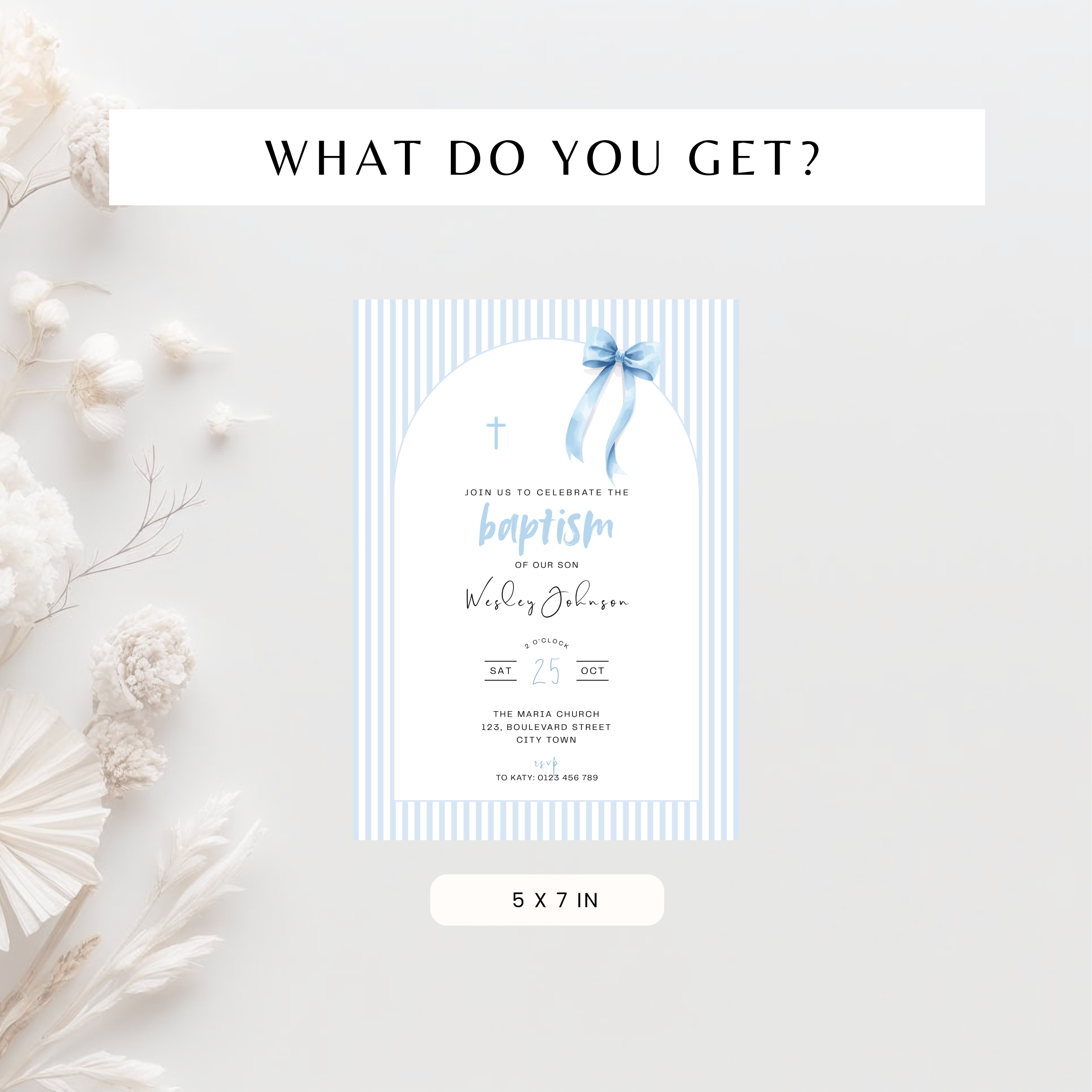 Striped Blue Bow Baptism Invitation