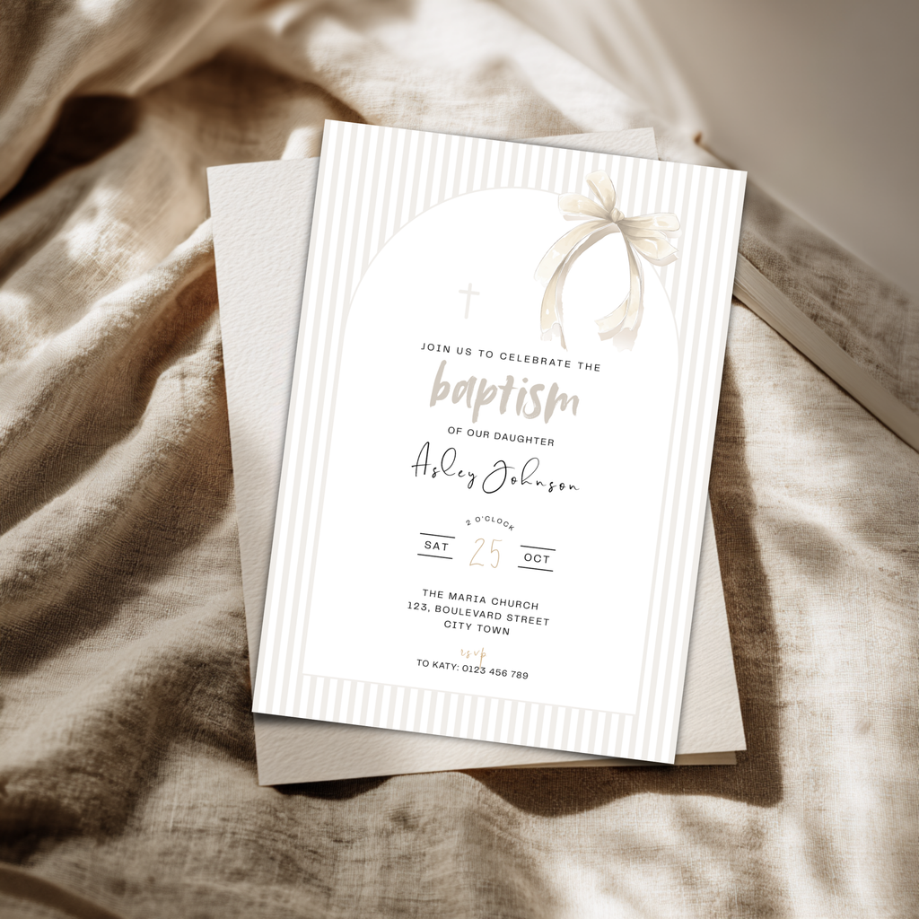 Striped Beige Bow Baptism Invitation