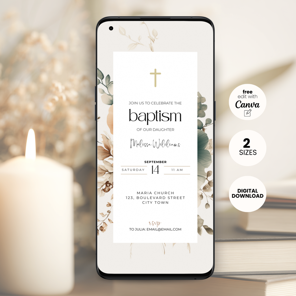 Phone displaying a baptism invitation with floral design, surrounded by candles and books.