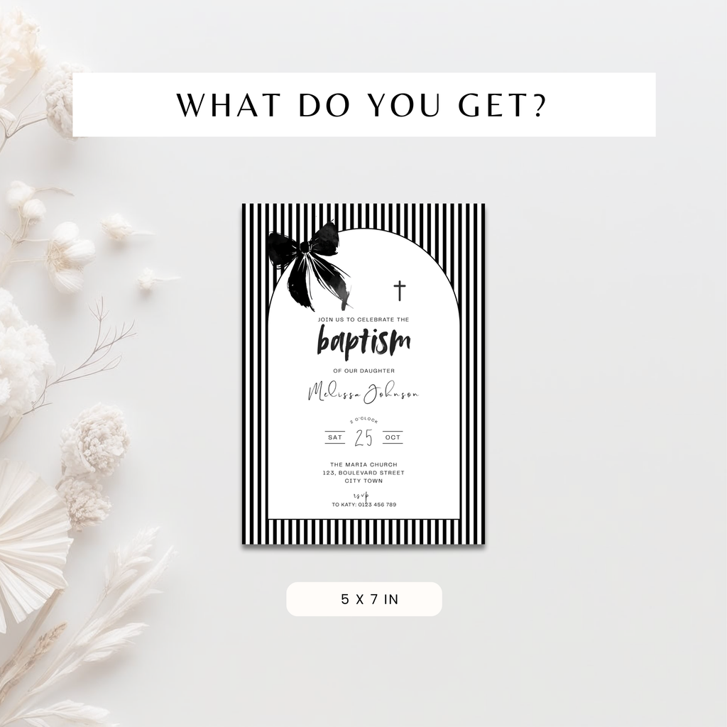 Striped Black Bow Baptism Invitation