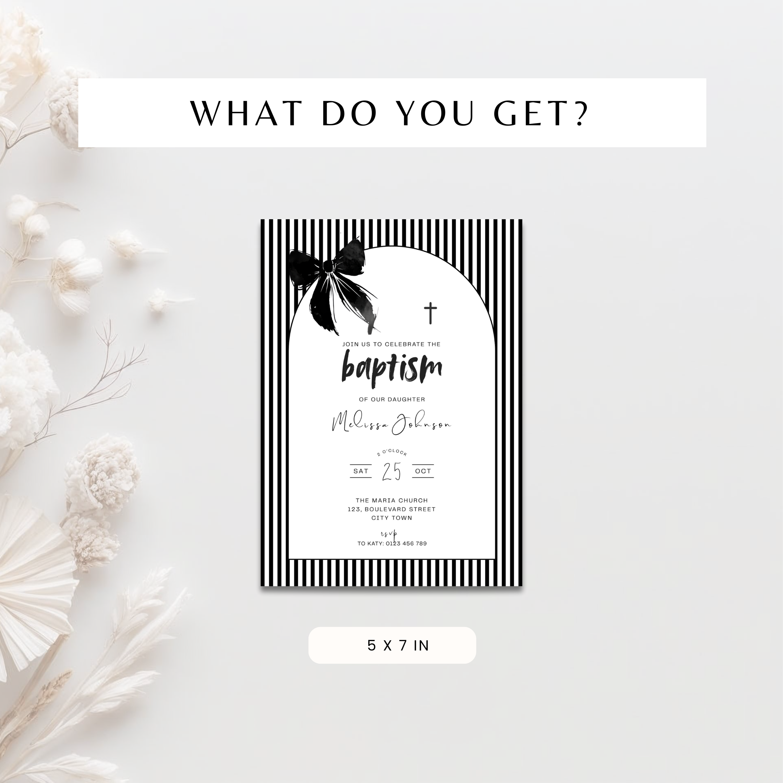 Striped Black Bow Baptism Invitation