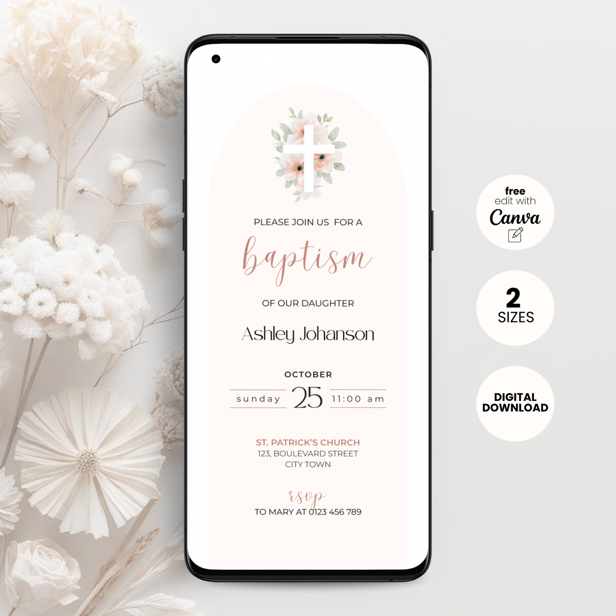 Pink arched baptism invitation template for girls