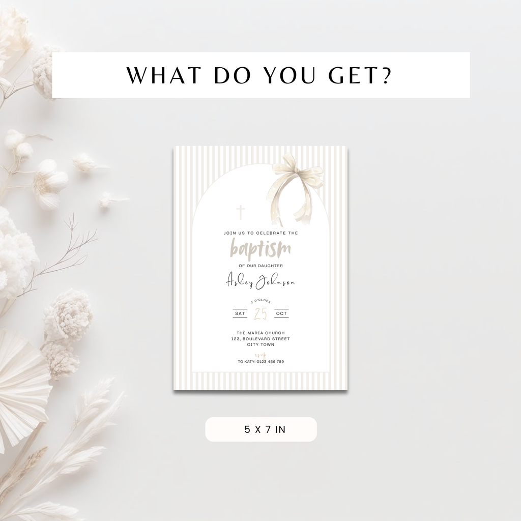 Striped Beige Bow Baptism Invitation