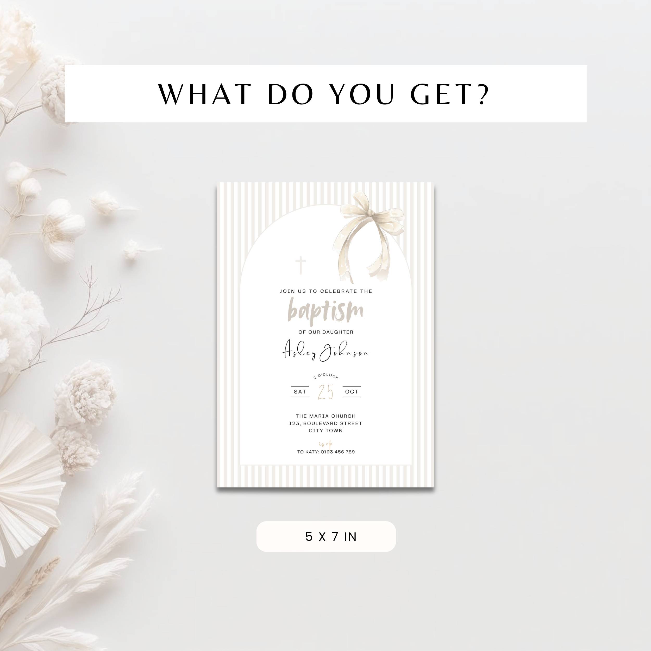 Striped Beige Bow Baptism Invitation