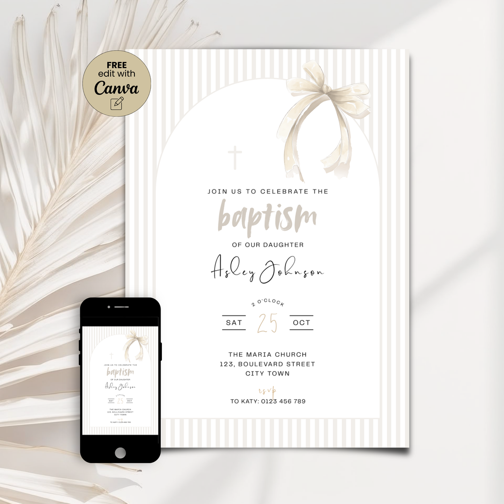 Baptism invitation card with smartphone displaying the same design on a white background with decorative elements.
