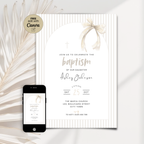 Baptism invitation card with smartphone displaying the same design on a white background with decorative elements.