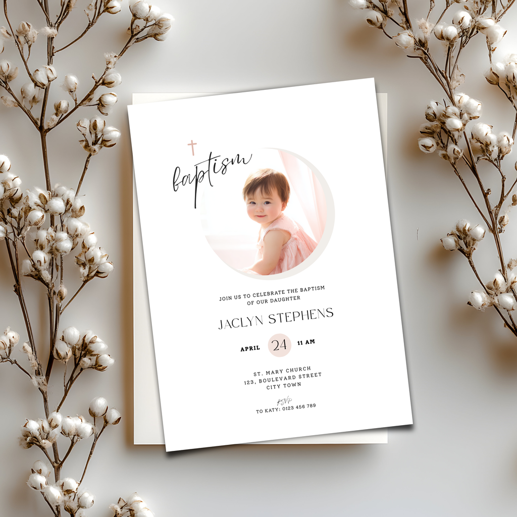 Baptism invitation card with a photo of a baby on a white background with decorative branches.