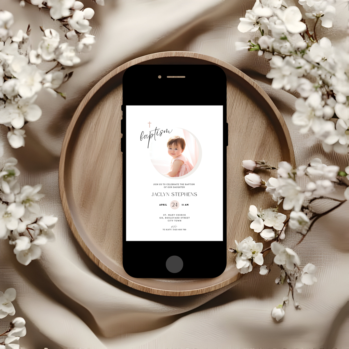 Baptism invitation template preview, editable in Canva, minimalistic photo theme