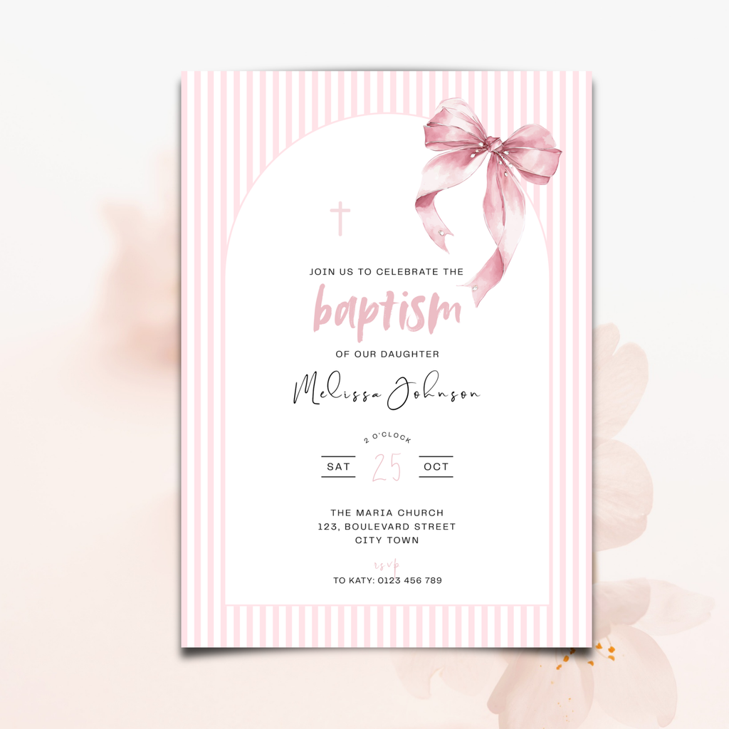 Baptism invitation card with pink bow and striped border on a light pink background