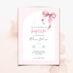 Baptism invitation card with pink bow and striped border on a light pink background