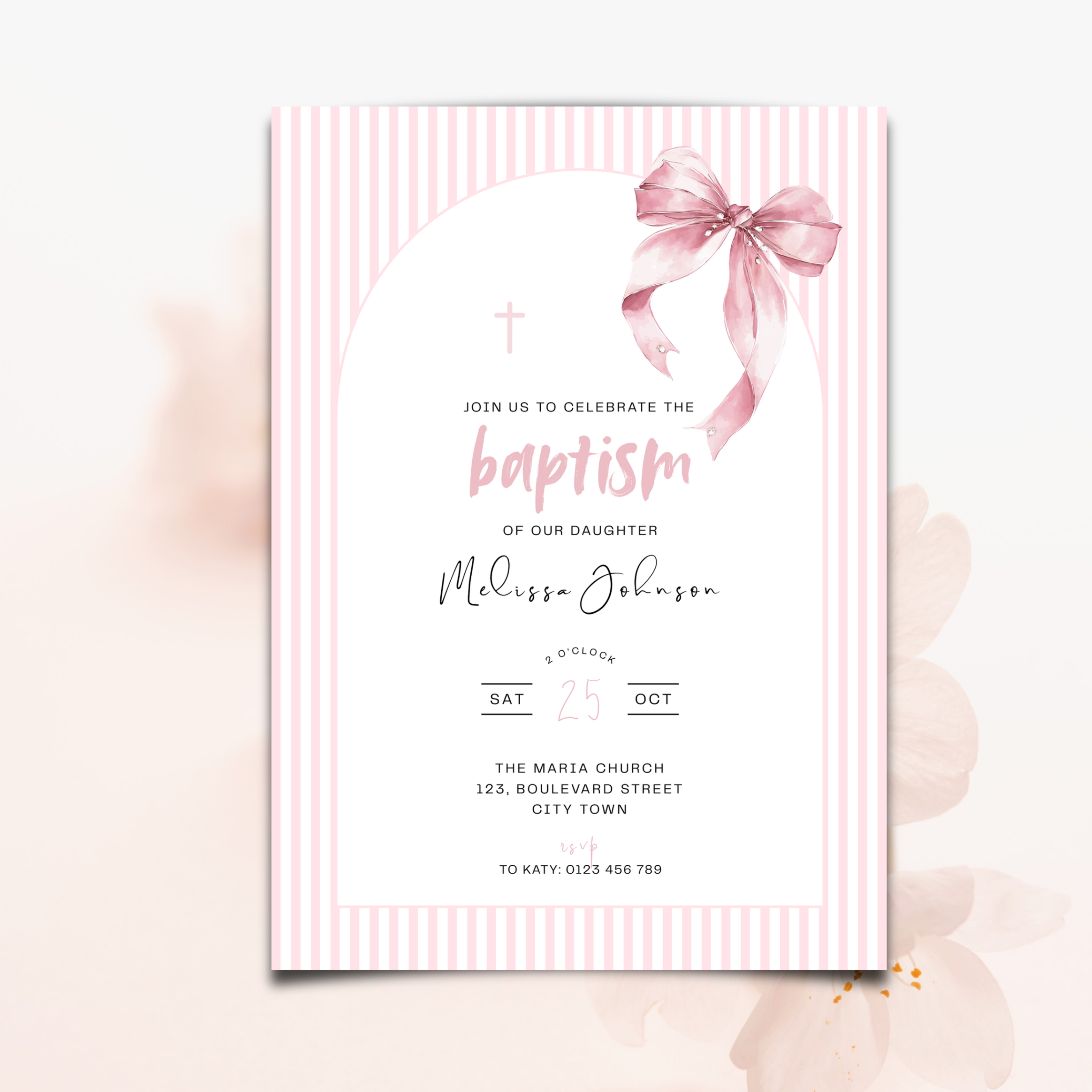 Baptism invitation card with pink bow and striped border on a light pink background