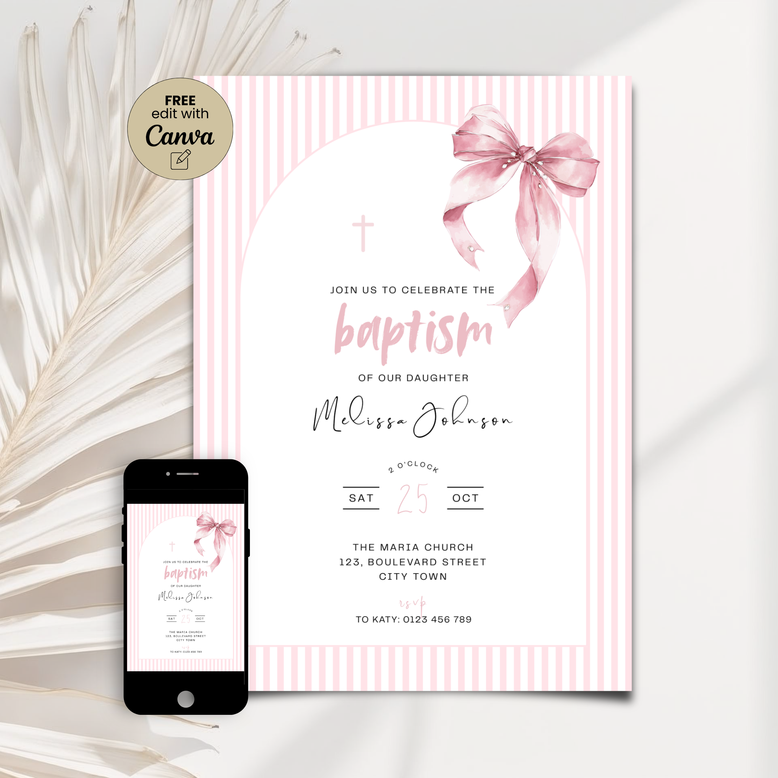 Baptism invitation card with pink bow and smartphone displaying the invitation on a white background.