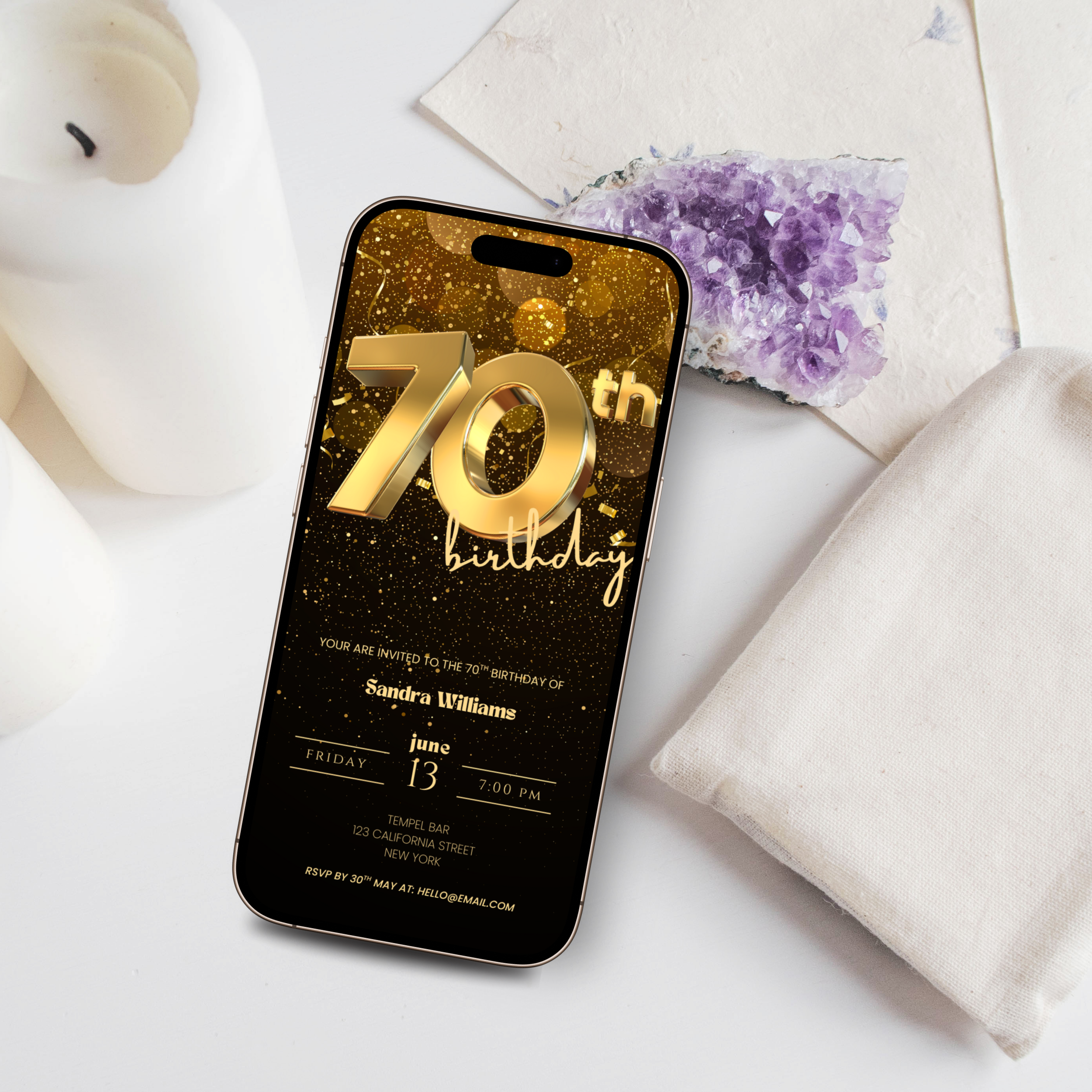 Golden 70th Birthday Invitation