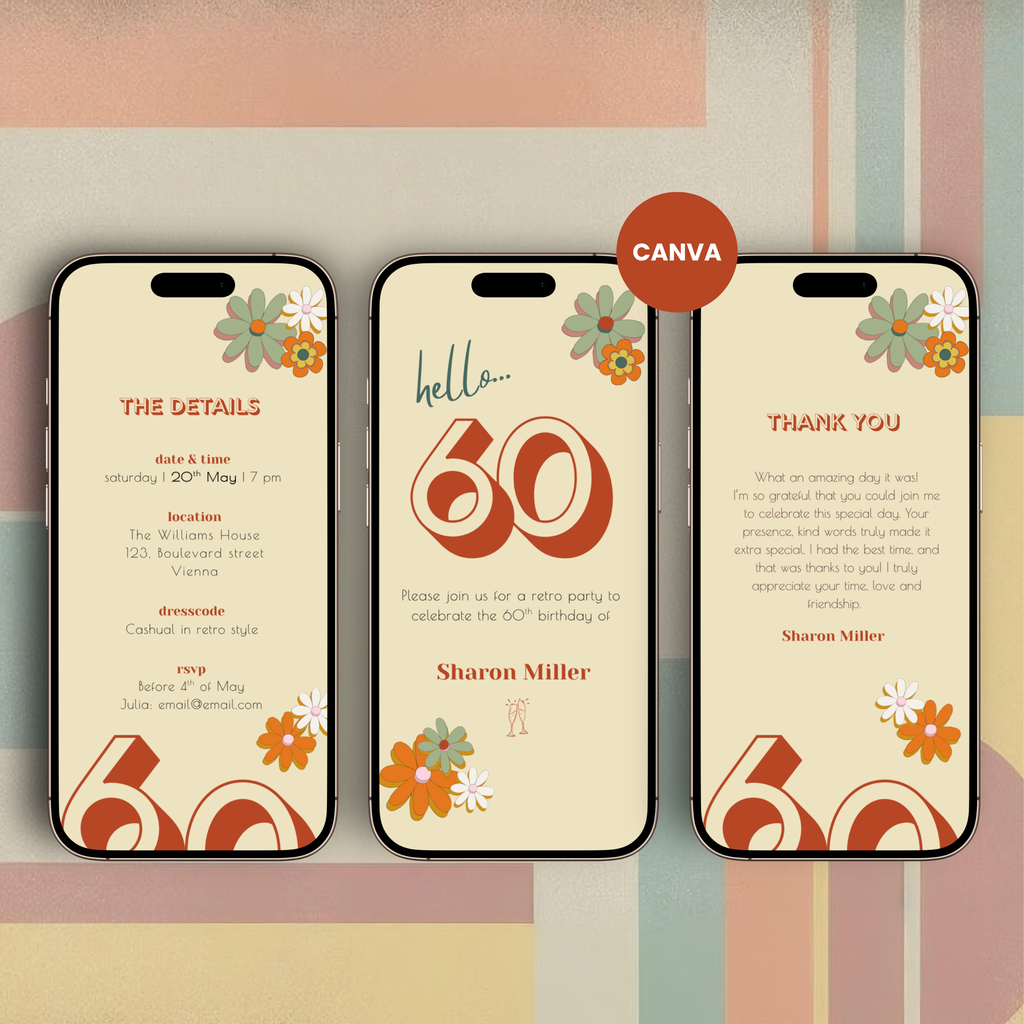 Three phone case designs with floral and number 60 graphics on a striped background, featuring the Canva brand.