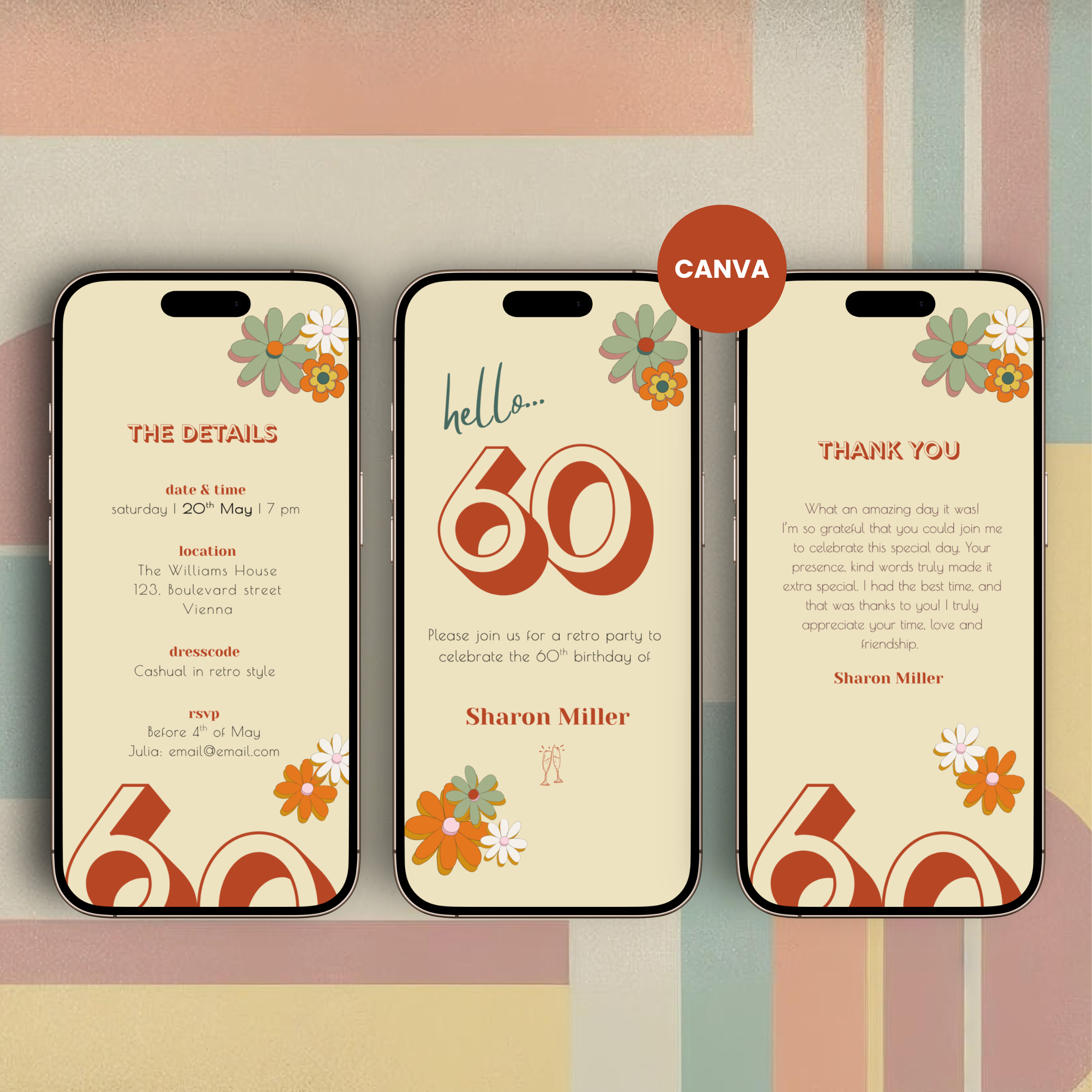 Three phone case designs with floral and number 60 graphics on a striped background, featuring the Canva brand.