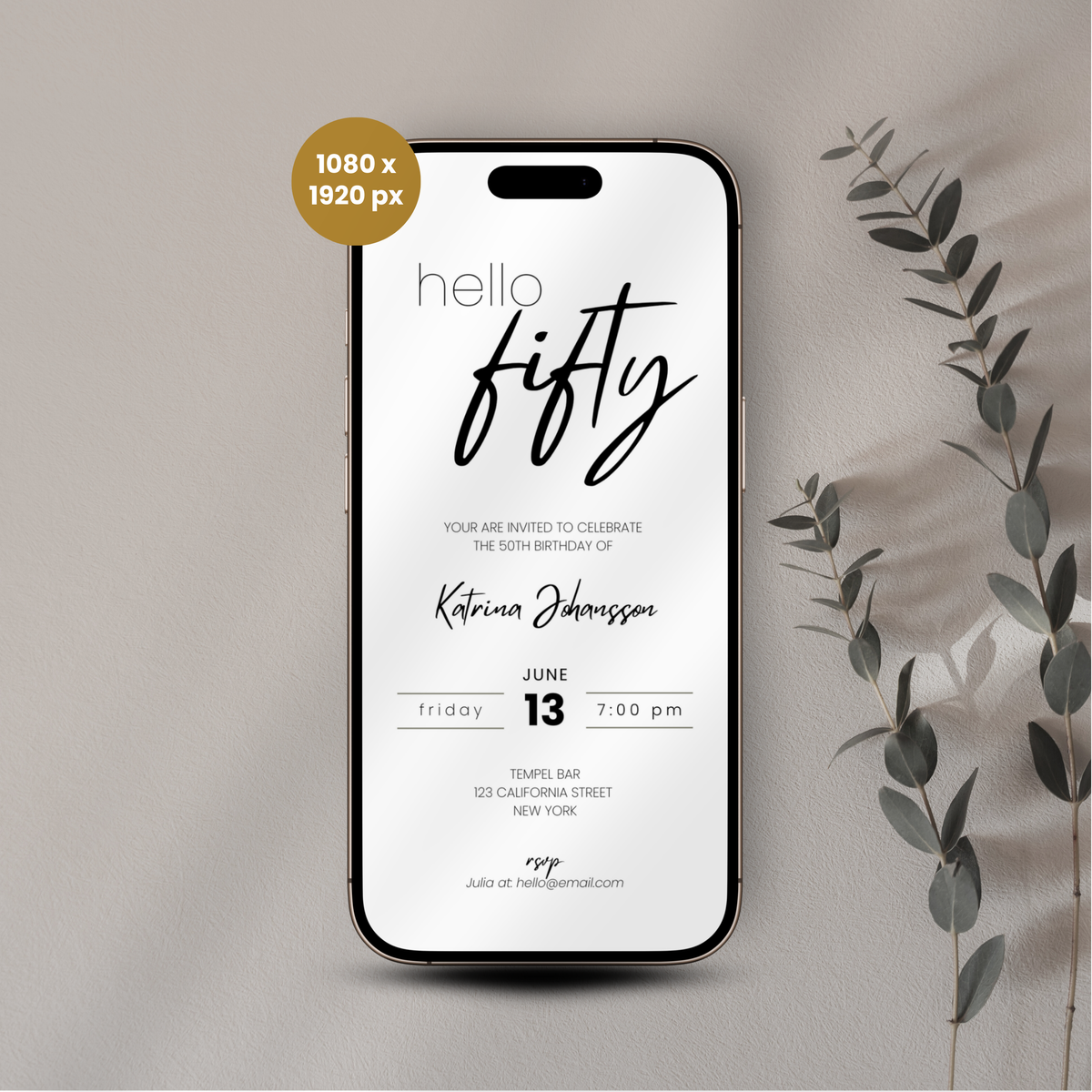 50th birthday invitation mockup showing what you get, minimal theme