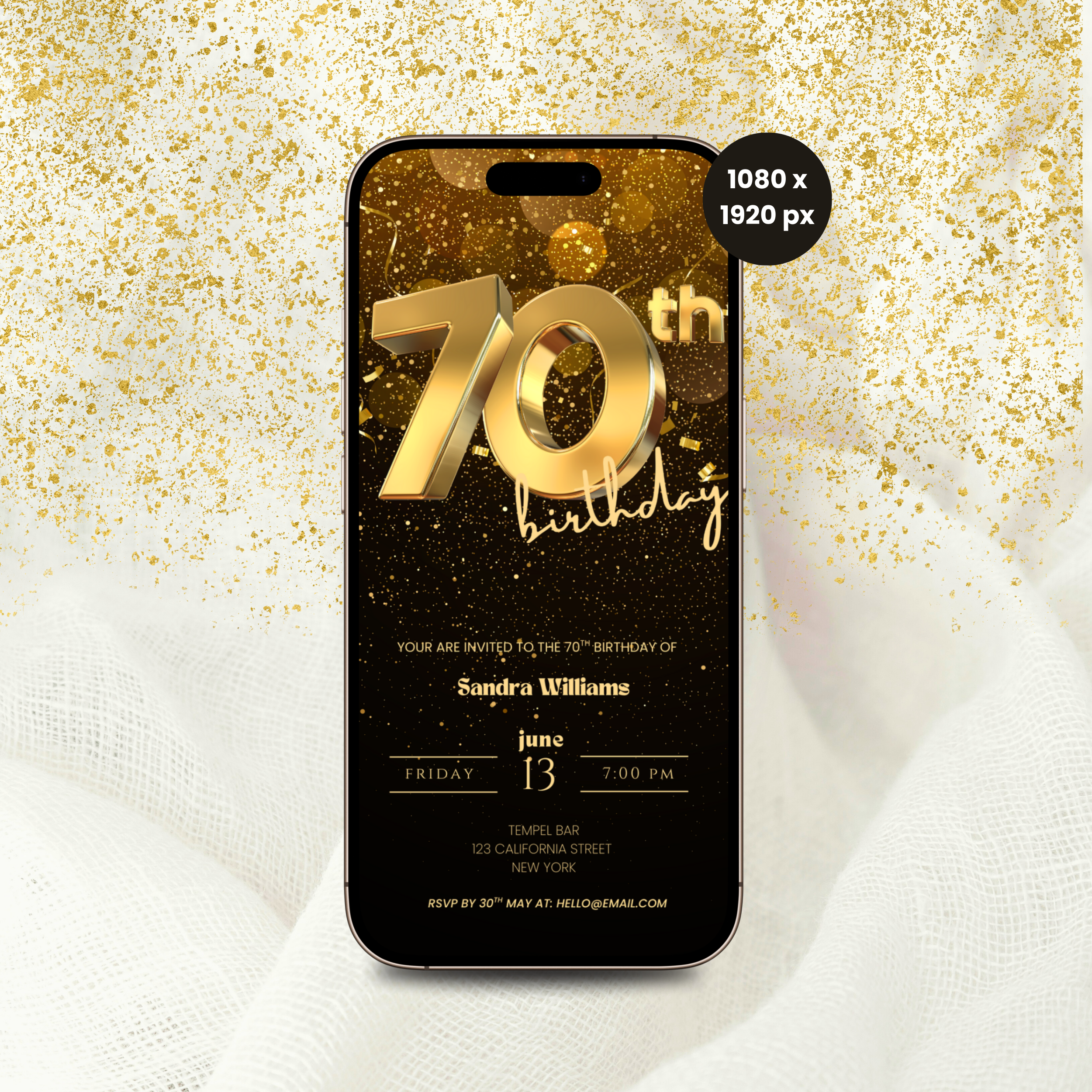 Golden 70th Birthday Invitation