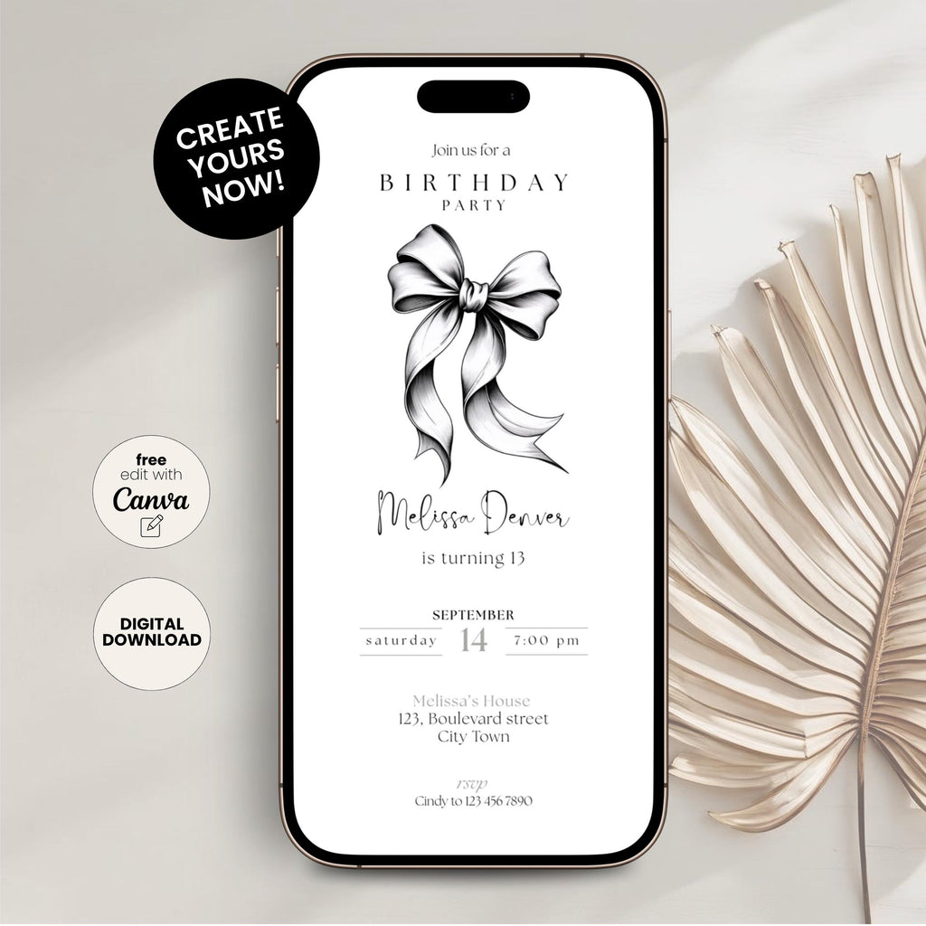 Phone displaying a 13th birthday party invitation with a bow graphic on a light background