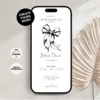 Phone displaying a 13th birthday party invitation with a bow graphic on a light background