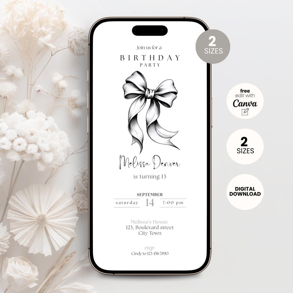 Phone screen displaying a black bow 13th birthday party invitation with a bow design on a white floral background