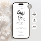 Phone screen displaying a black bow 13th birthday party invitation with a bow design on a white floral background
