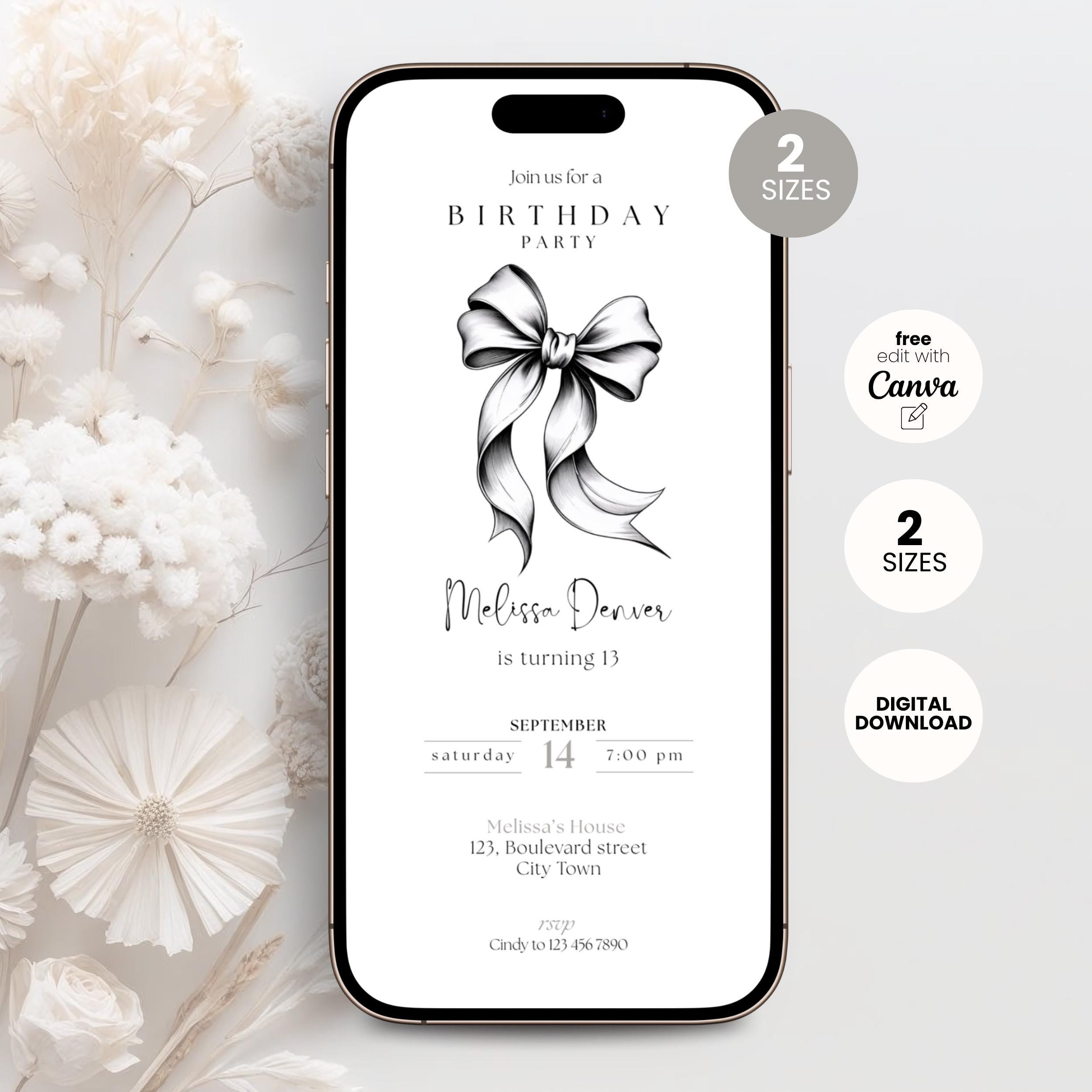 Phone screen displaying a black bow 13th birthday party invitation with a bow design on a white floral background