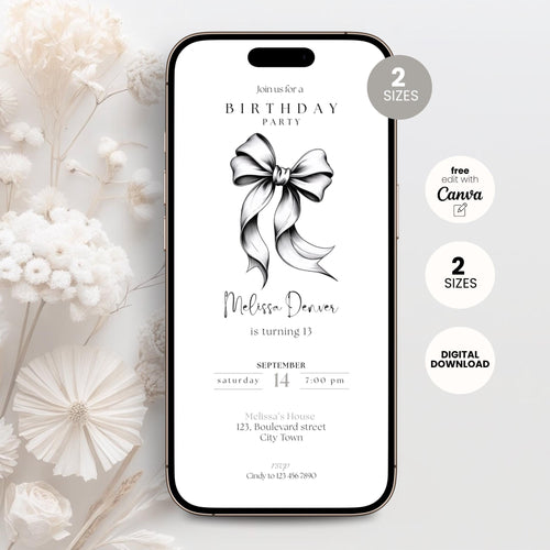 Phone screen displaying a black bow 13th birthday party invitation with a bow design on a white floral background