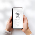 Person holding a smartphone with a birthday party invitation on the screen against a light gray background
