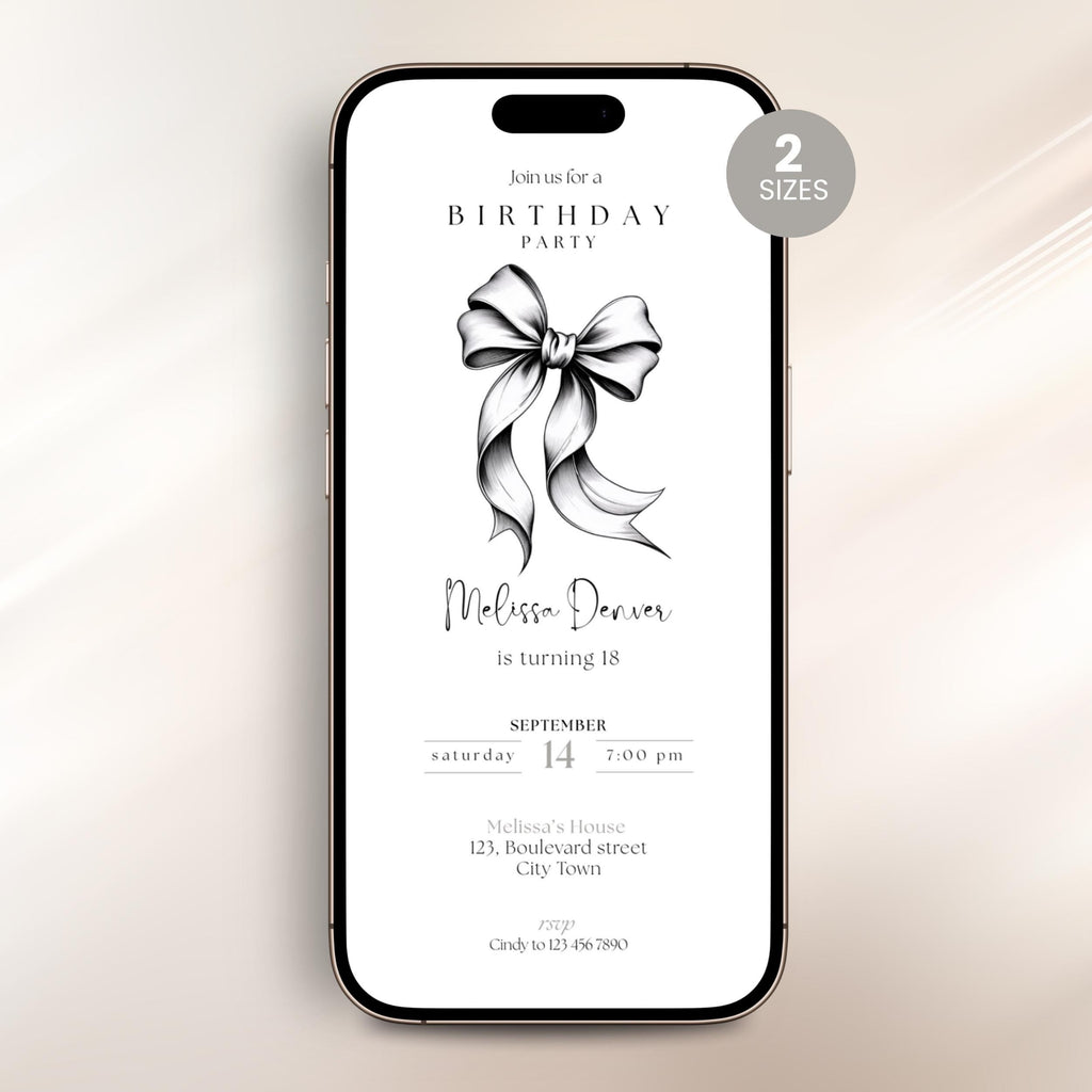 Phone screen displaying a 18th birthday party invitation with a bow graphic on a beige background
